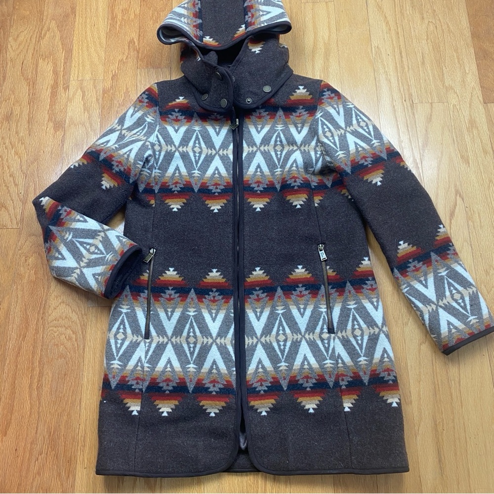 RARE Pendleton Archive Wool Blanket Coat Brown Aztec Southwester Removable Hood